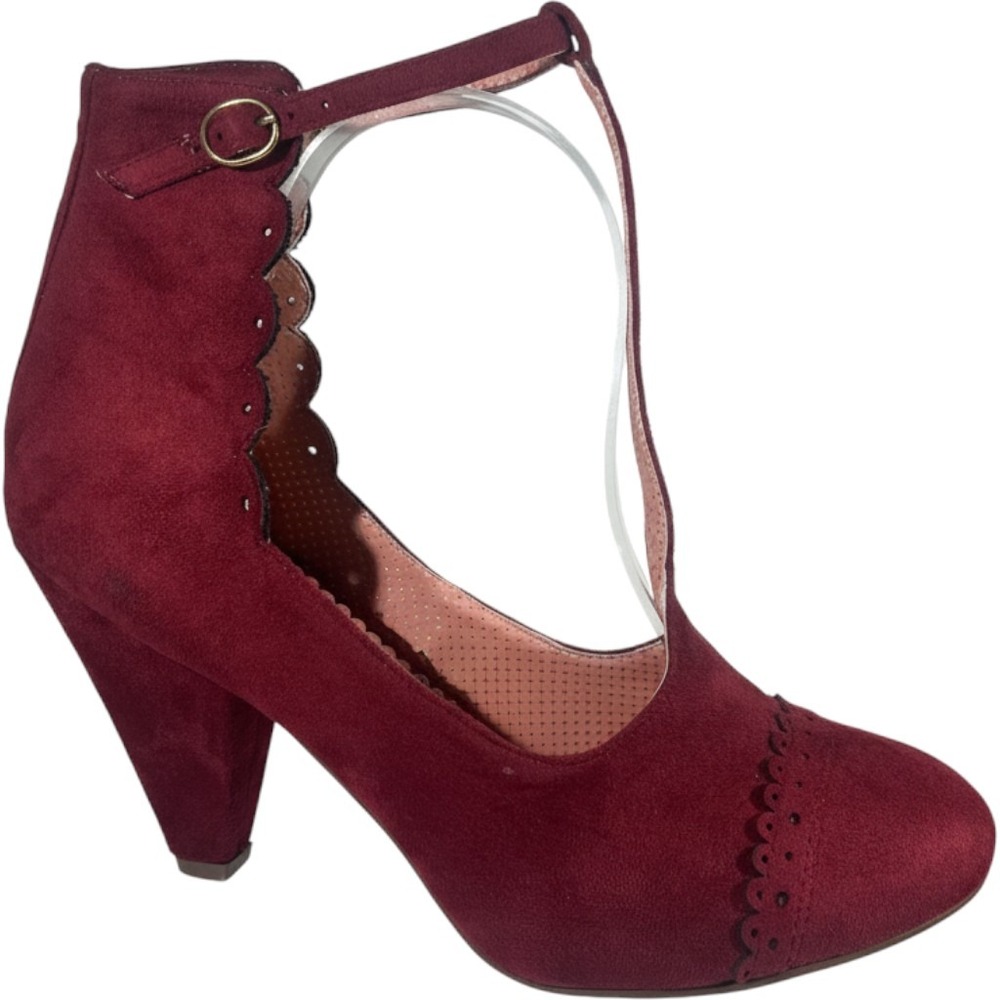 Bettie Page Heels Women 10 Burgundy T-Strap Suede Scalloped Rockabilly Pumps